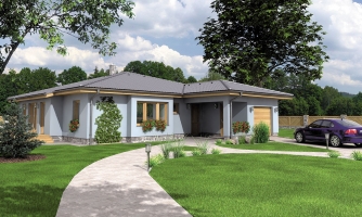 L-shaped house with a garage and terrace.